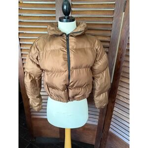 Streetwear Society Brown Puffer Jacket Cropped Full Zip Collar Size M